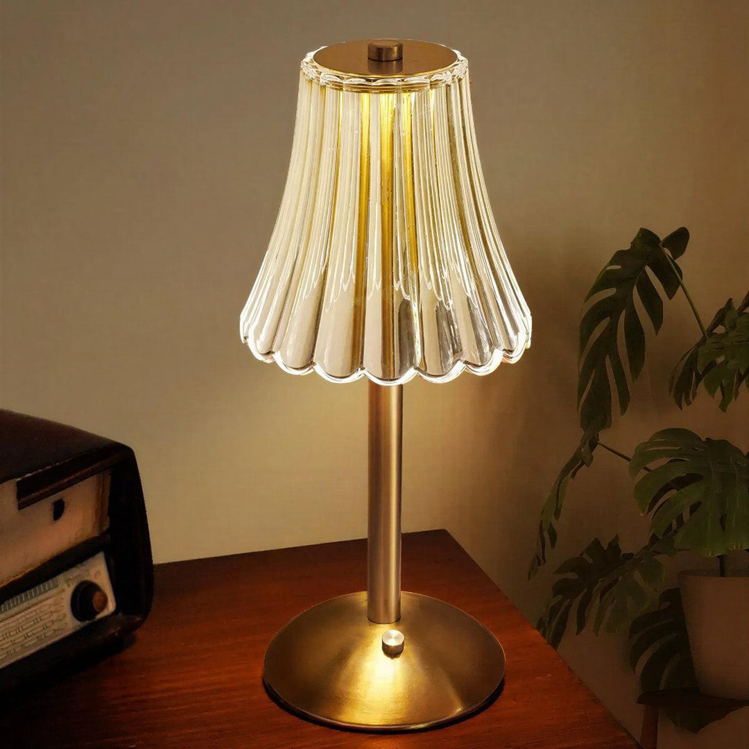 Cordless Rechargeable Dimmable Crystal Table Lamp With Ribbed Shade Illumination