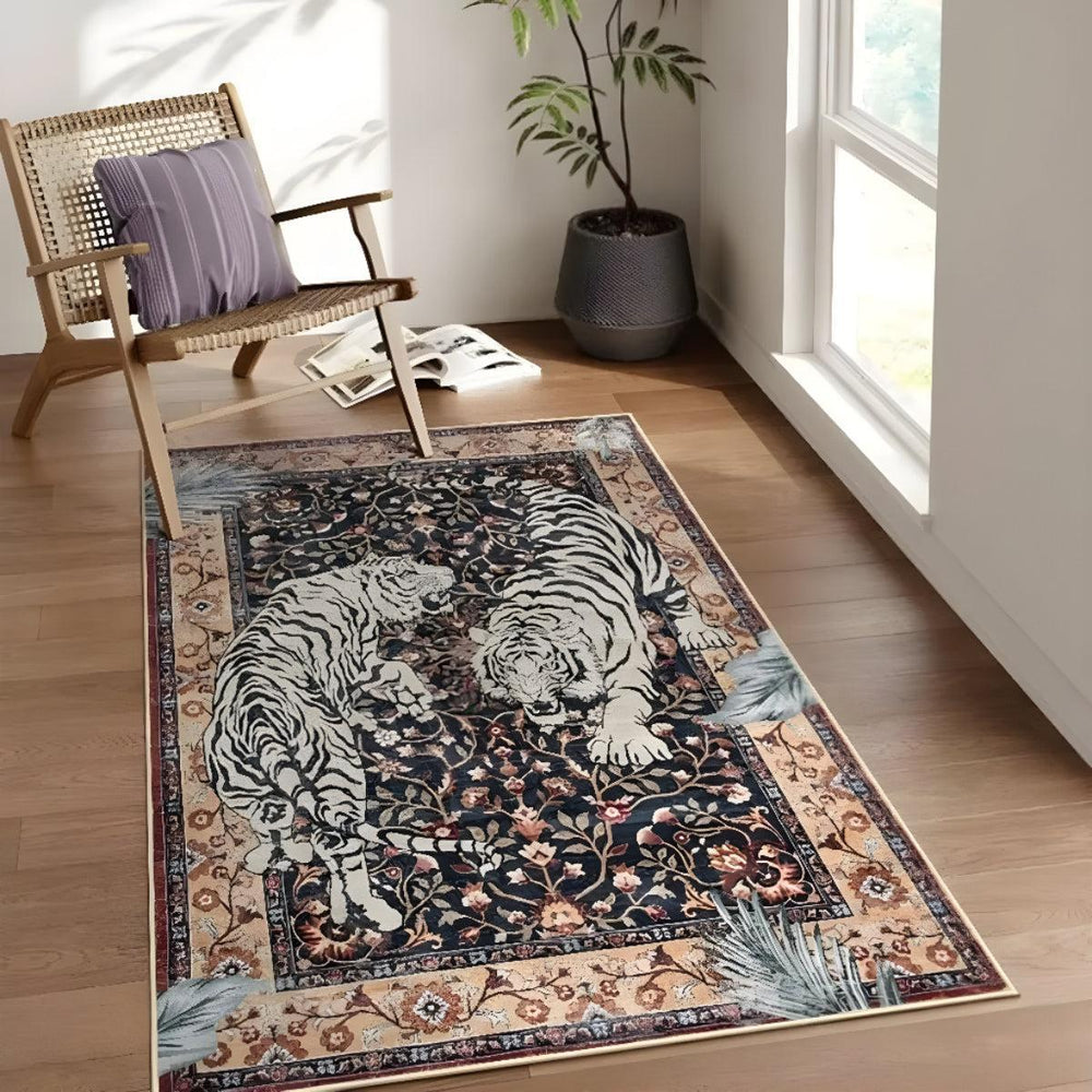 Machine Washable Tiger Botanical Living Room Rug