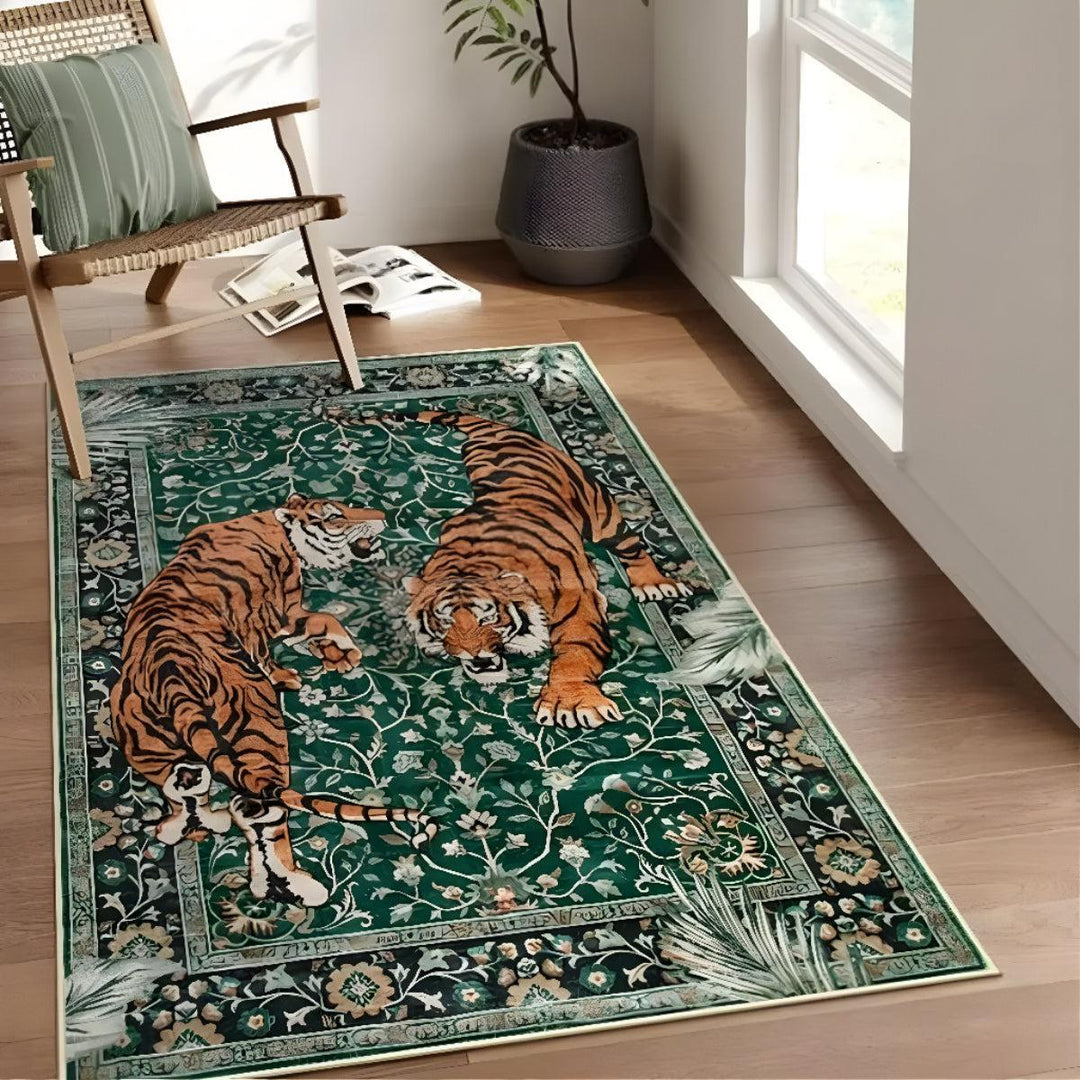 Machine Washable Tiger Botanical Living Room Rug