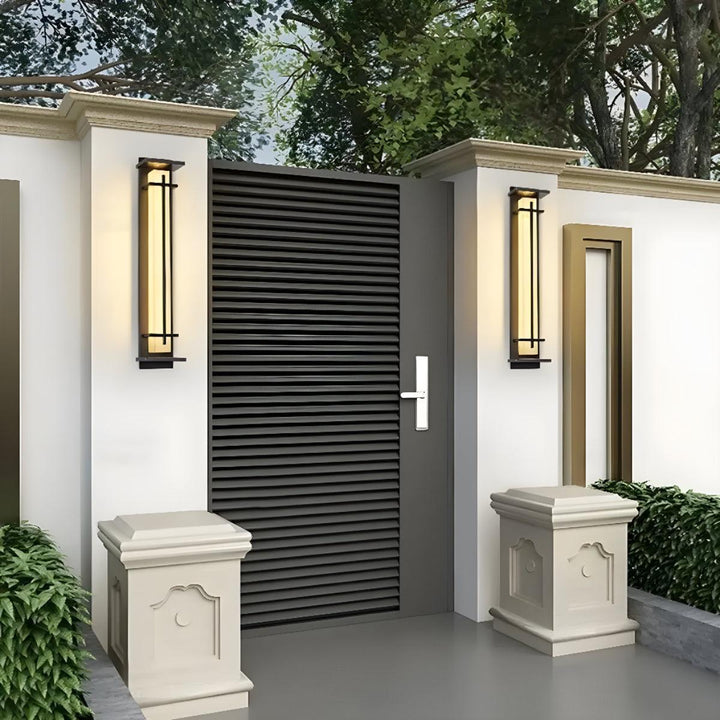 Vertical Exterior Alabaster Wall Sconce Light With Modern Architectural Cage