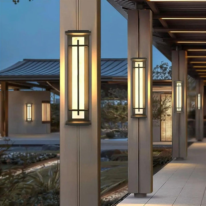 Vertical Exterior Alabaster Wall Sconce Light With Modern Architectural Cage