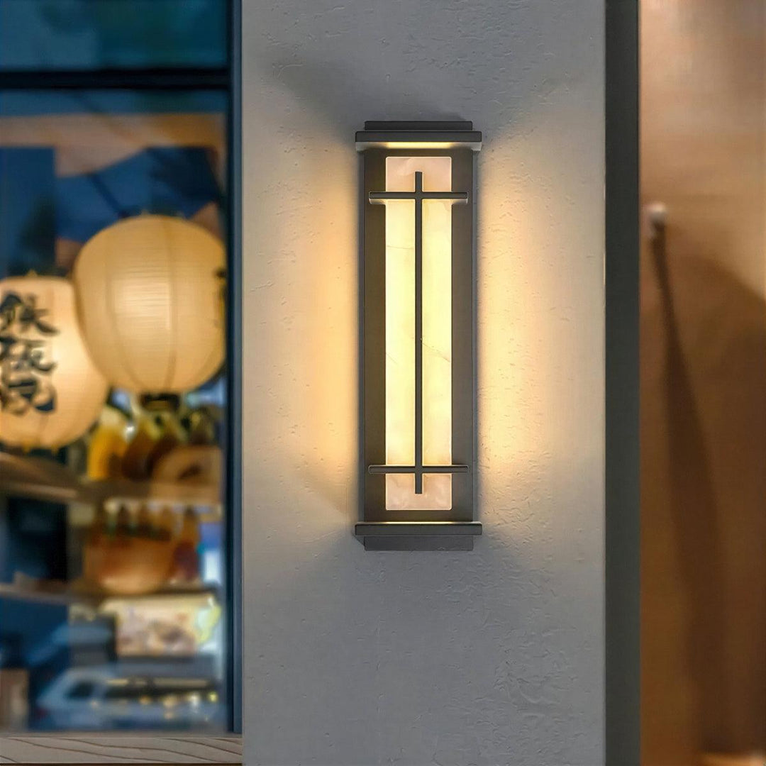 Vertical Exterior Alabaster Wall Sconce Light With Modern Architectural Cage